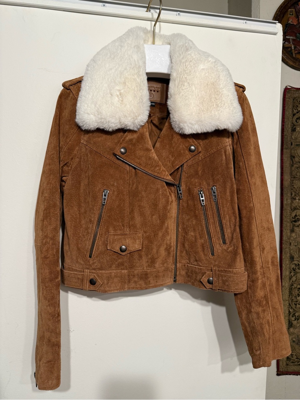 Blank NYC Tan Genuine Leather Suede Faux Shearling Collar Zip Moto Style Jacket